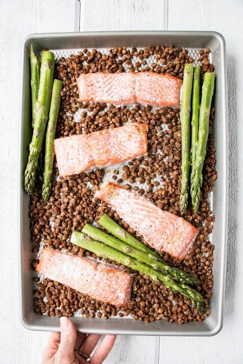 Sheet Pan Salmon Lentils And Asparagus