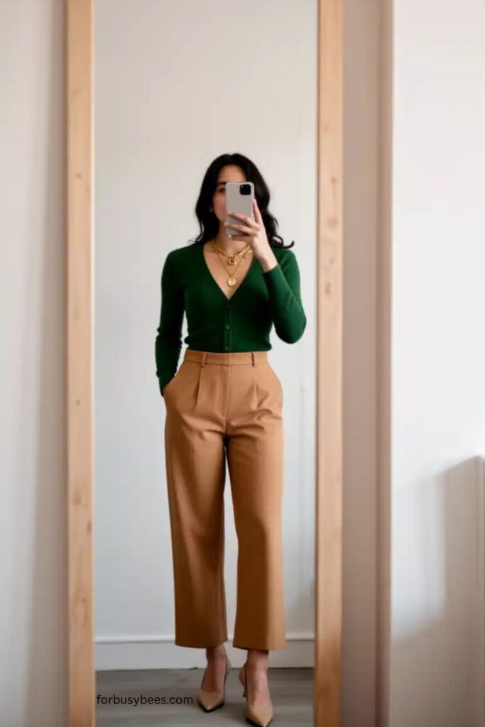 Cardigan as a Top with Wide-Leg Trousers