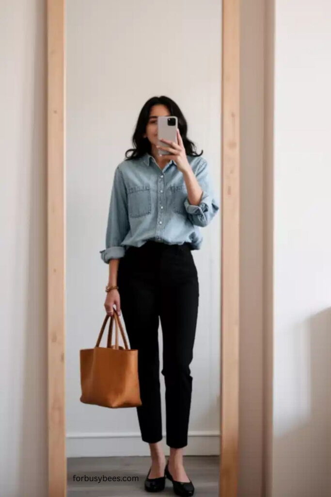 Chambray Shirt with Black Pants and Flats