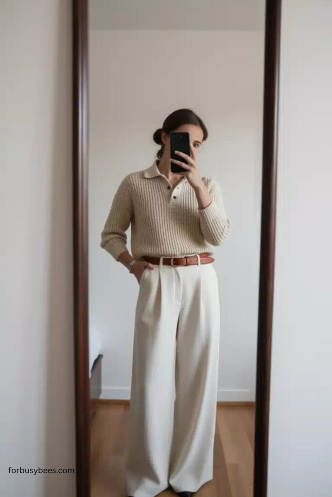 Knit Polo Top with Wide-Leg Trousers and Leather Belt
