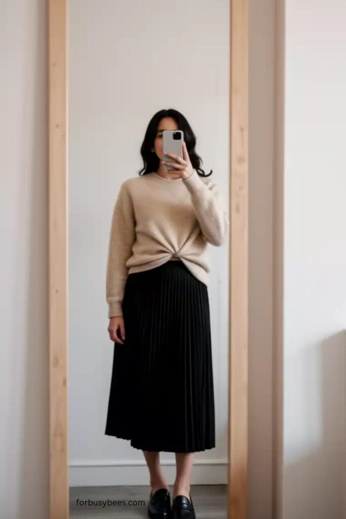 Lightweight Sweater with Pleated Midi Skirt and Loafers