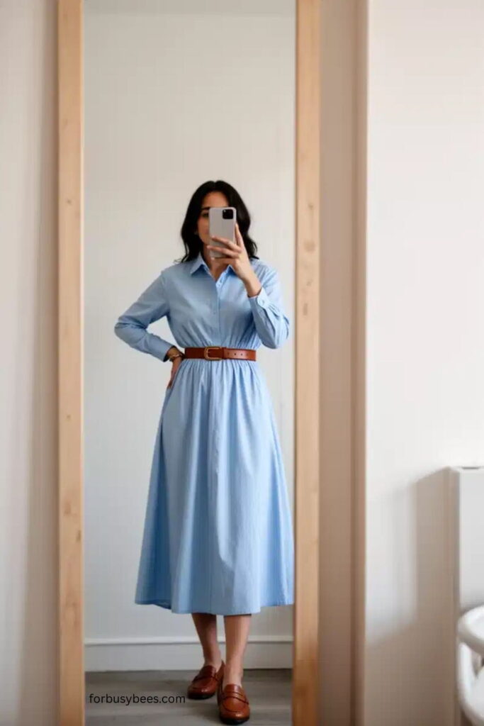 Midi Shirt Dress with Belt and Loafers
