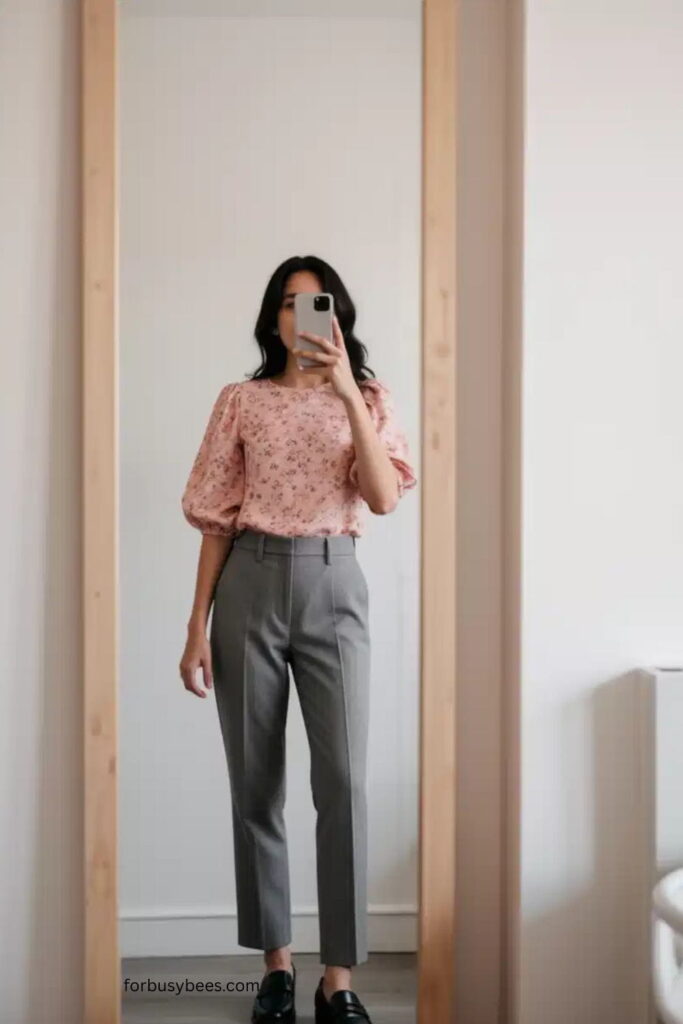 Printed Blouse with Neutral Trousers and Loafers
