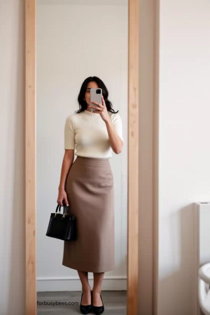 Short-Sleeve Sweater with Midi Skirt and Pointed Flats
