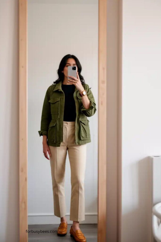 Utility Jacket with Black Tee and Straight-Leg Pants