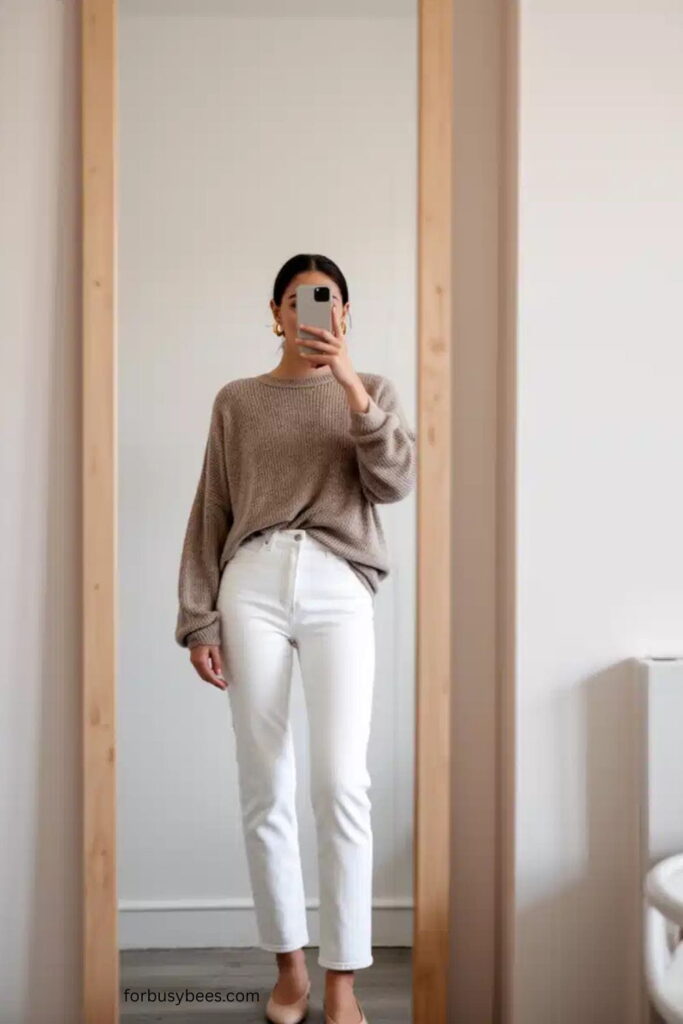White Jeans with Fine Knit Sweater and Flats