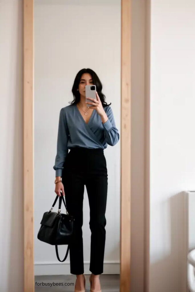 Wrap Blouse with Straight-Leg Pants and Pumps